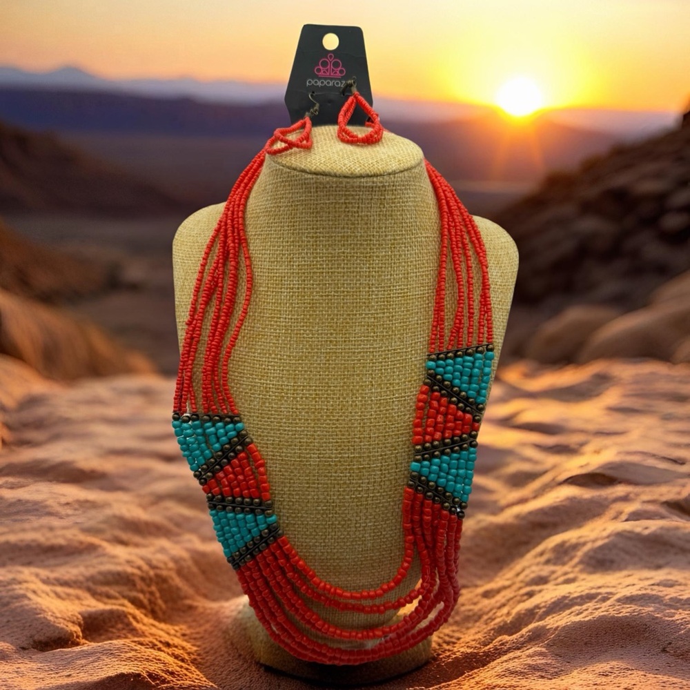 Native American Red & Turquoise Paparazzi  24” Beaded Necklace /Earrings